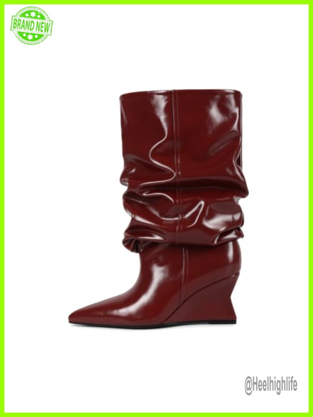 Womens Slouchy Mid Calf Boots Pointed Toe Wedge Heels Pull On Faux Leather